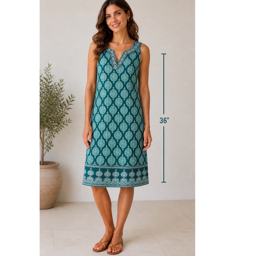 Magnolia Grace Dress Womens Large Teal Green Medallion Shift Sleeveless Excellen